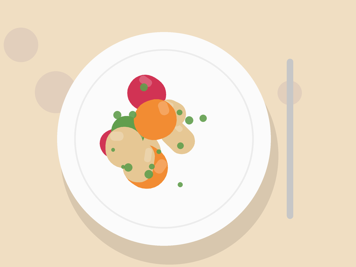 Illustration of Persian Chicken Fesenjan with Walnuts and Pomegranate: a plate drawn from its ingredients