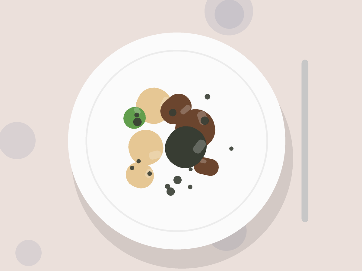 Illustration of Galbi-Jjim: Korean Braised Short Ribs with Chestnuts and Pear: a plate drawn from its ingredients