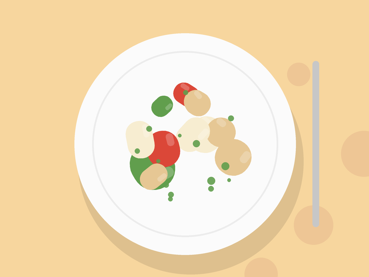Illustration of Kashmiri Dum Aloo with Fennel-Ginger Yogurt Gravy: a plate drawn from its ingredients
